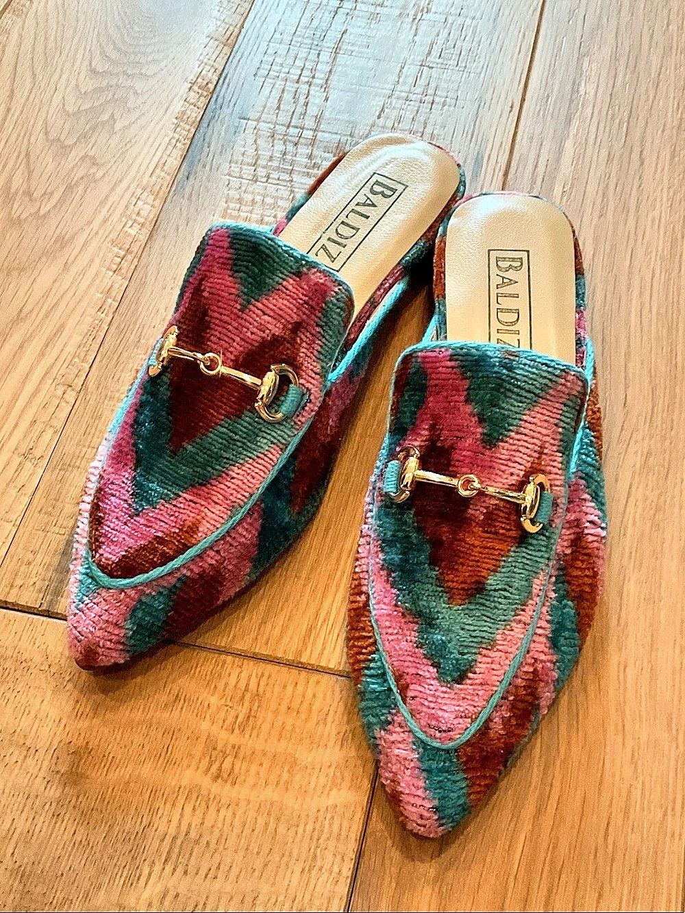 Baldiz Pointed Toe Horsebit Mules in Pink & Brown New